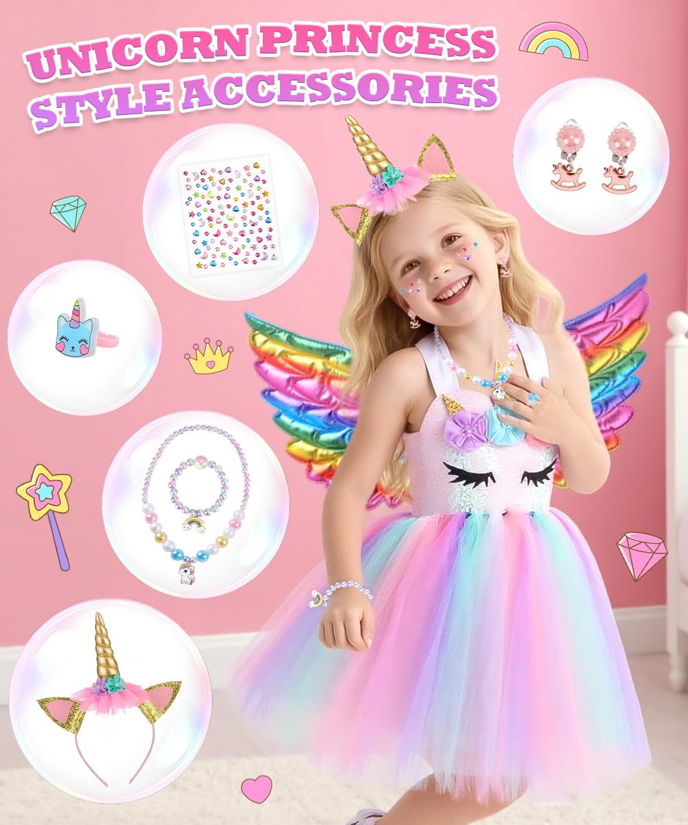 TOLOYE Disfraz Princesa,Vestido Tul Unicornio Infantil | Venda y Collar Set,Disfraz Unicornio Niña para Cumpleaños Fiesta Halloween Navidad Carnaval Cosplay