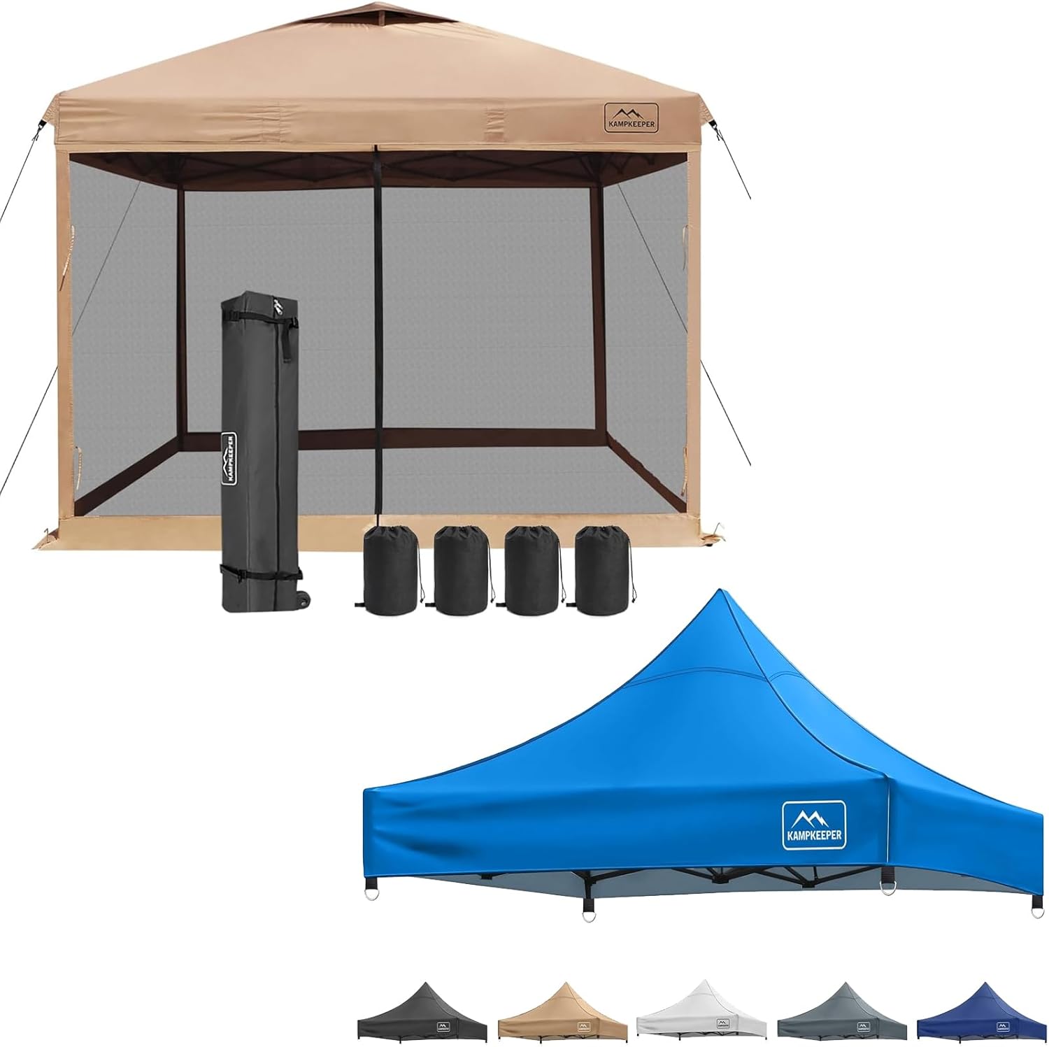 KAMPKEEPER 10x10 Pop Up Canopy with Mosquito Netting,Instant Outdoor Screen Tent(Khaki) Canopy Replacement Top (Light Blue)