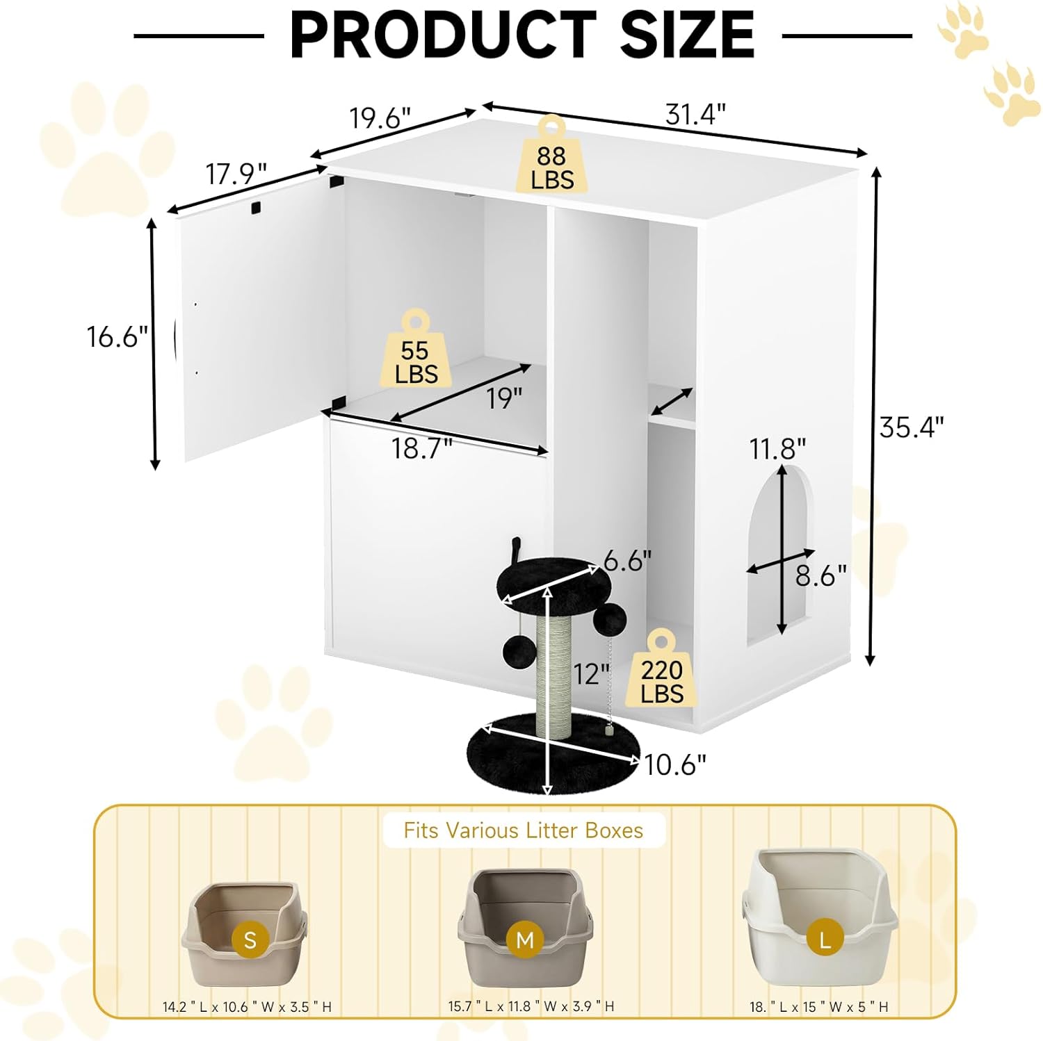 Yafylly Double Cat Litter Box Enclosure for 2 Cats, Hidden Litter Box Furniture with Dangling Ball and Scratching Posts, Modern Wooden Litterbox Cabinet with Double Room for 2 Cats, White
