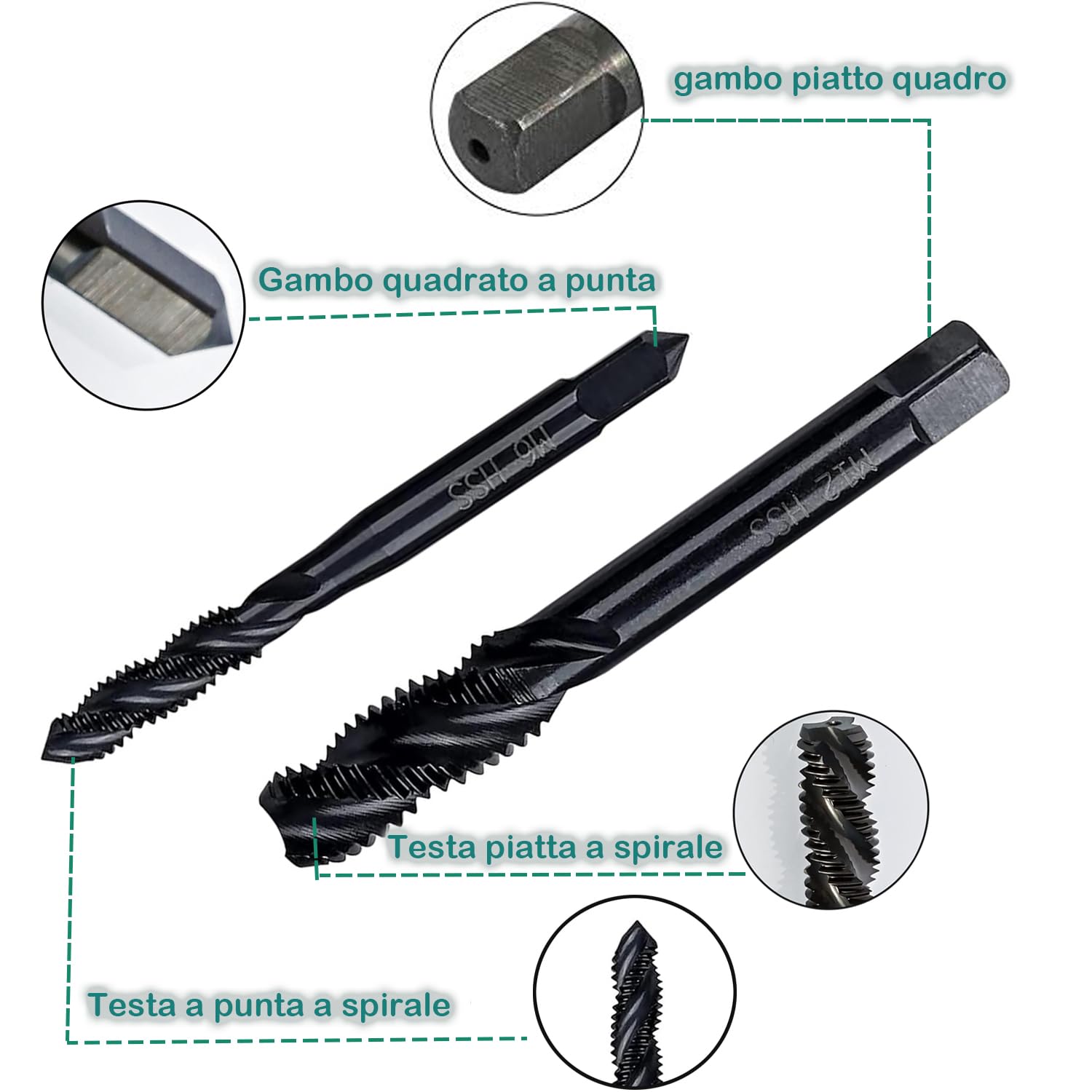 Maschi a filettatura interrotta a spirale in nitruro HSS 6542 M3 M4 M5 M6 M8 M10 M12 Set 7 pezzi per metallo legno