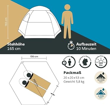 Skandika Namsos Sleeper Dome Tent Tent 2 People Sewn-in Tent Floor 3000 mm Hydrostatic Head Double Doors Hiking Trekking Camping Tent Festival