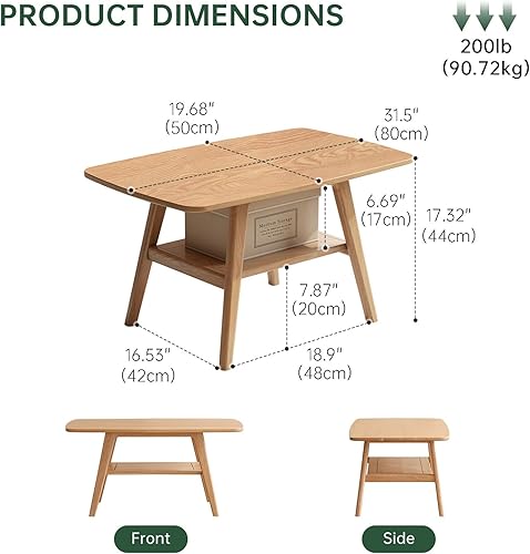 Miniatura 2 de Mesa de centro 100% de madera de roble maciza para sala de estar, mesa pequeña con almacenamiento en estantes, mesas de centro modernas de mediados