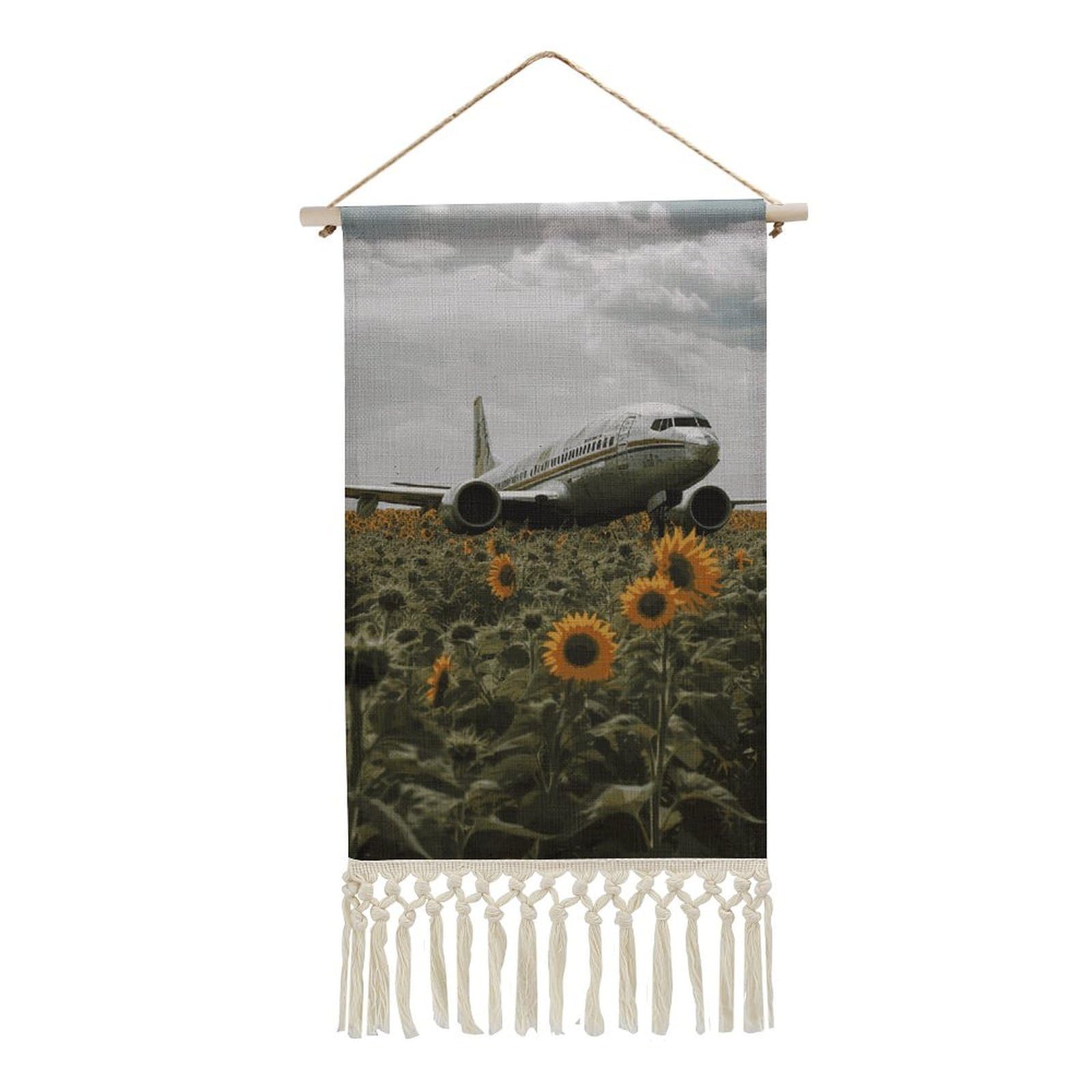 BTCOWZRV Cotton And Linen Hanging Poster with Tassels, Plane Flies to Sunflower Field Wall Hanging Tapestry Vintage Wall Art Painting Modern Artwork Decoration for Home Decor Ready to Hang 10x19.6 in