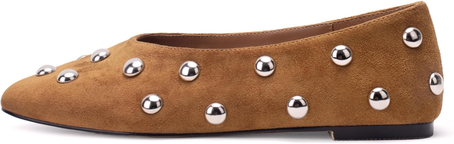 Studded Flats for Women Suqare Toe Slip on Suede Ballet Flats Comfortable Walking Studs Ballet Shoes