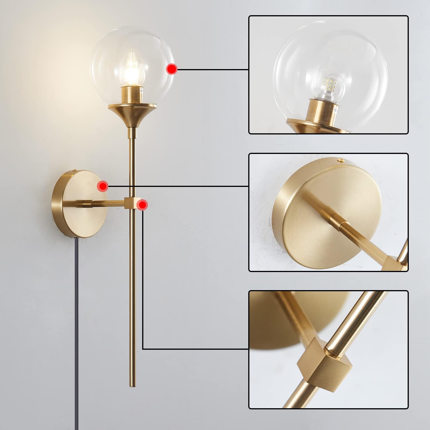 KCO Lighting Gold Globe Wall Sconce Plug in Mid Century Modern Long Arm Wall Light Set of 2 Brush Brass Bathroom Vanity Light Fixture Bubble Glass Wall Sconce (Clear)