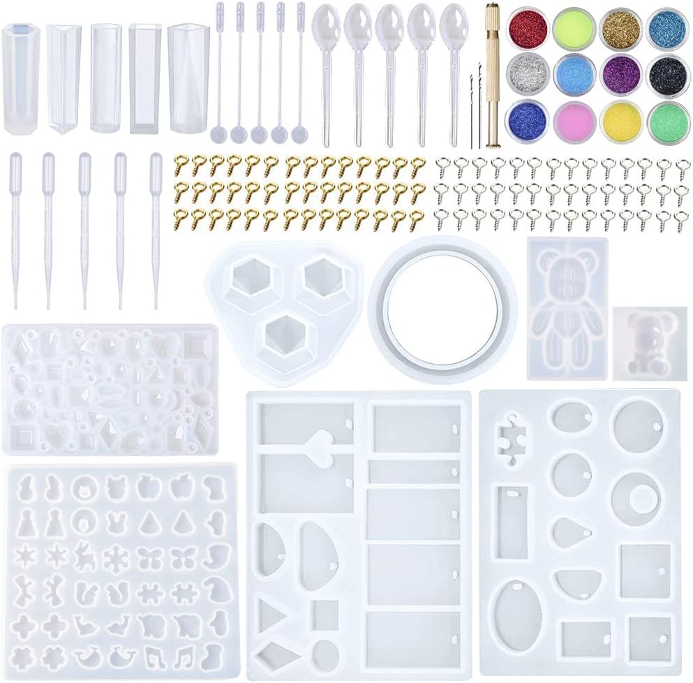 EuTengHao 229Pcs DIY Jewelry Casting Molds Tools Set More Than 120 Designs Contains 8 Silicone Jewelry Resin with 70 Designs,1 Earring Molds with 25 Designs,2 Necklace Bear Molds,3 Diamonds Mold