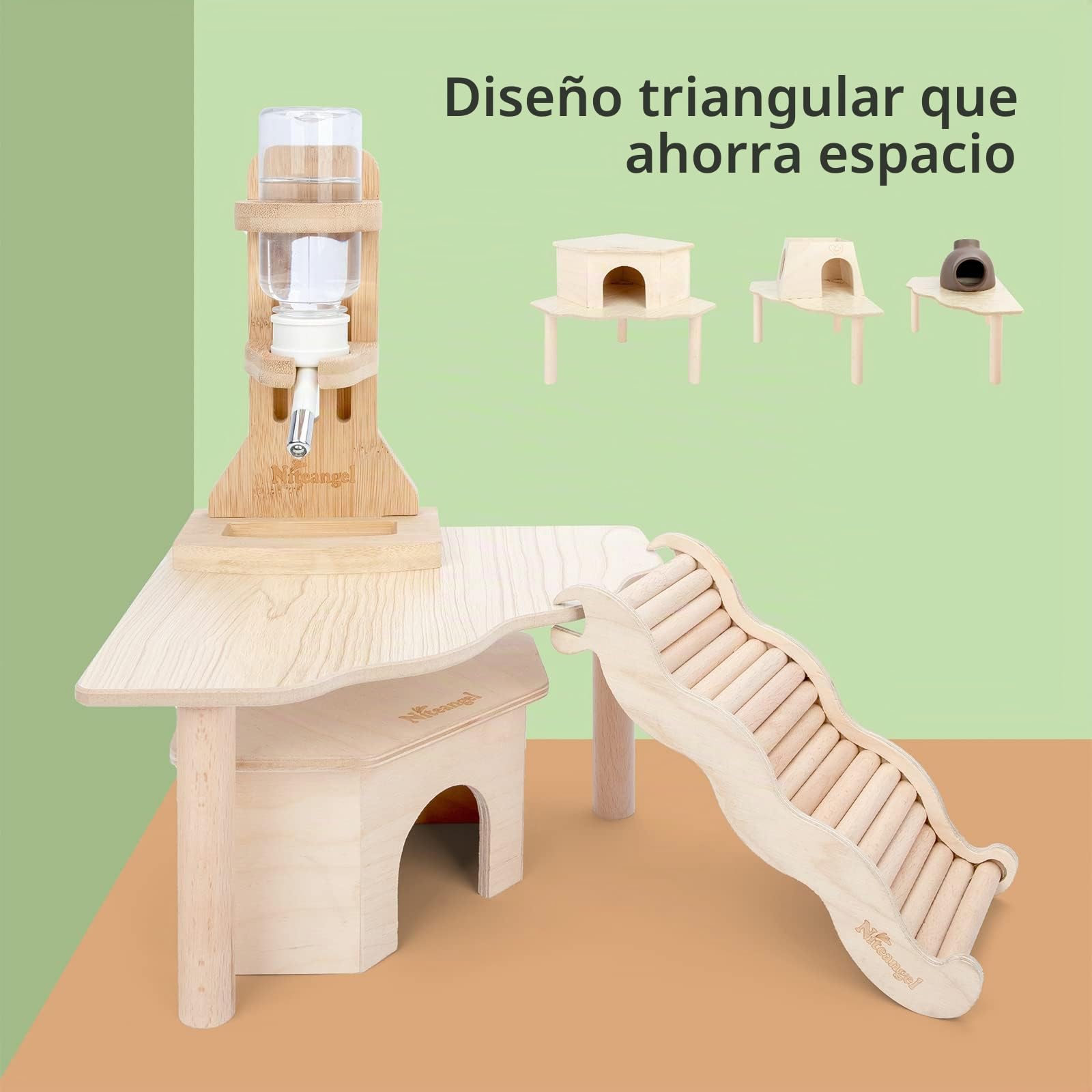 Niteangel Plataforma de madera para hámsteres sirios enanos, jerbos, ratones, degús u otras mascotas pequeñas (triangular, 12 cm de altura, beige amaderado (Burlywood))