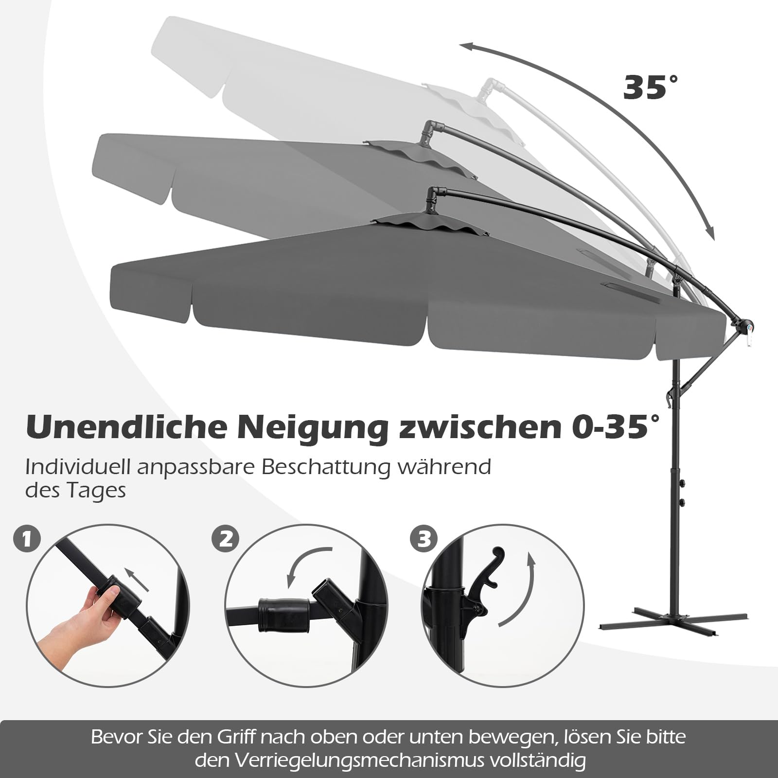 GOPLUS Ampelschirm 300 cm, Sonnenschirm mit Kurbel, Kreuzfuß & Schutzhülle, Gartenschirm mit 35° unendliche Neigung, Terrassenschirm mit Volant, Marktschirm für Pool, Garten & Terrasse, Grau