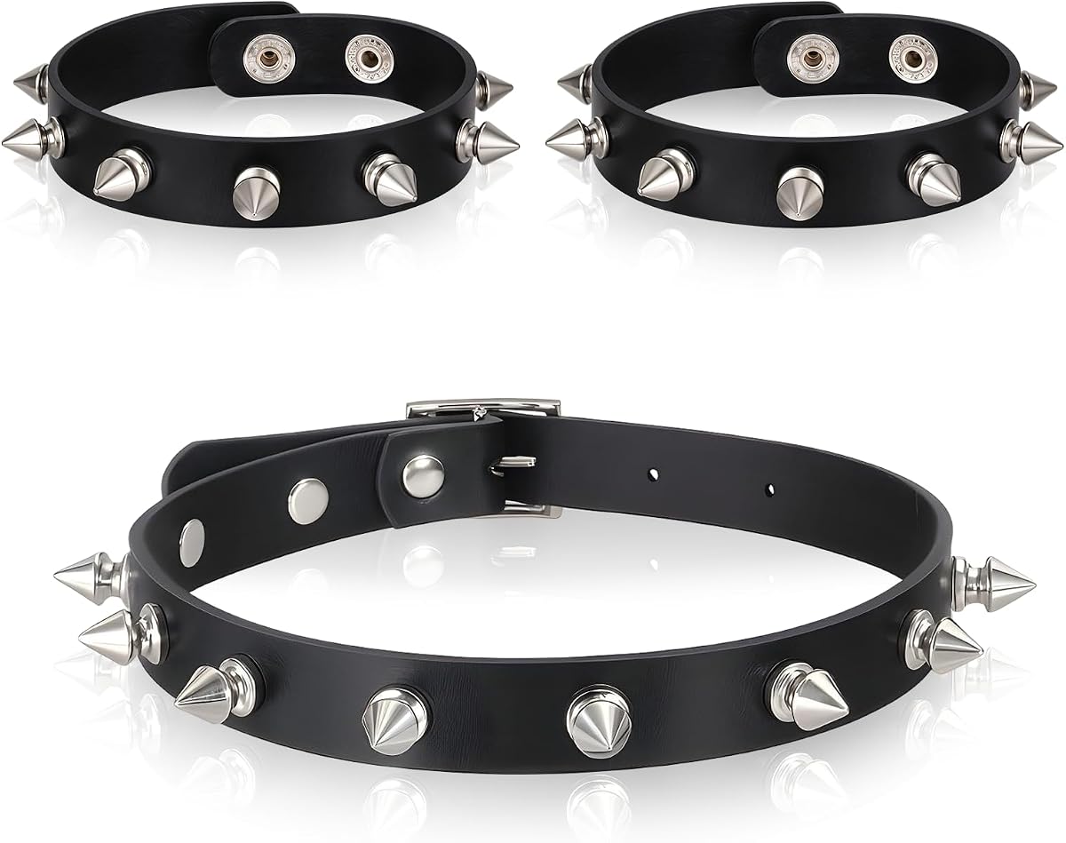 Gargantilla puntiaguda gótica de cuero de 3 piezas, pulseras puntiagudas con tachuelas Accesorios puntiagudas Juego de joyas Gargantillas de cuero Accesorios góticos de joyería puntiaguda de rock vintage para 80s 90s Mujeres Hombres Muñequera negra