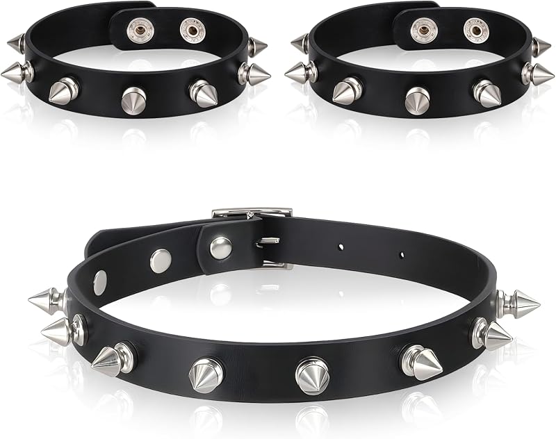 Gargantilla puntiaguda gótica de cuero de 3 piezas, pulseras puntiagudas con tachuelas Accesorios puntiagudas Juego de joyas Gargantillas de cuero Accesorios góticos de joyería puntiaguda de rock vintage para 80s 90s Mujeres Hombres Muñequera negra