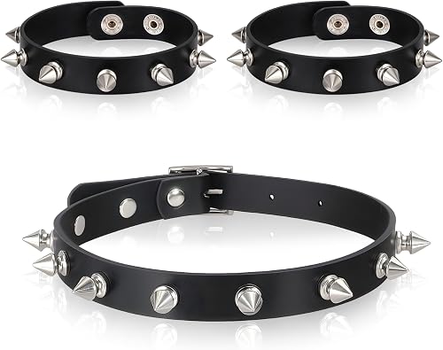 3 Pcs Leather Goth Spiked Choker, Studded Spiked Bracelets Punk Accessories Jewelry Set Leather Chokers Vintage Rock Punk Jewelry Gothic Accessories for 80s 90s Women Men Black Wristband