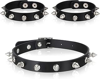3 Pcs Leather Goth Spiked Choker, Studded Spiked Bracelets Punk Accessories Jewelry Set Leather Chokers Vintage Rock Punk Jewelry Gothic Accessories for 80s 90s Women Men Black Wristband