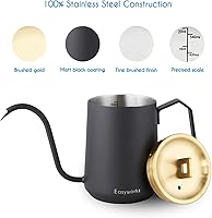 Vista 3 de Easyworkz Hervidor de café con cuello de cisne de 20 onzas de acero inoxidable con boquilla larga y estrecha, latón dorado y negro