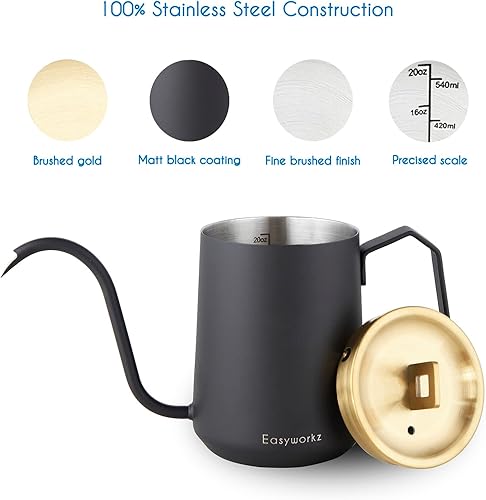 Miniatura 3 de Easyworkz Hervidor de café con cuello de cisne de 20 onzas de acero inoxidable con boquilla larga y estrecha, latón dorado y negro