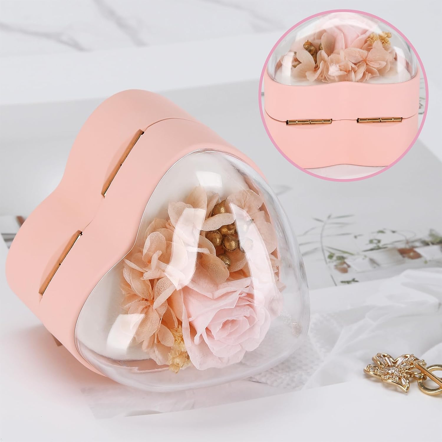 LETURE Creative Heart Shaped Ring Gift Box with Flower, Velvet Earrings Jewelry Case, Jewellry Display Box for Wedding, Engagement, Proposal, Birthday and Anniversary (Pink) thumbnail