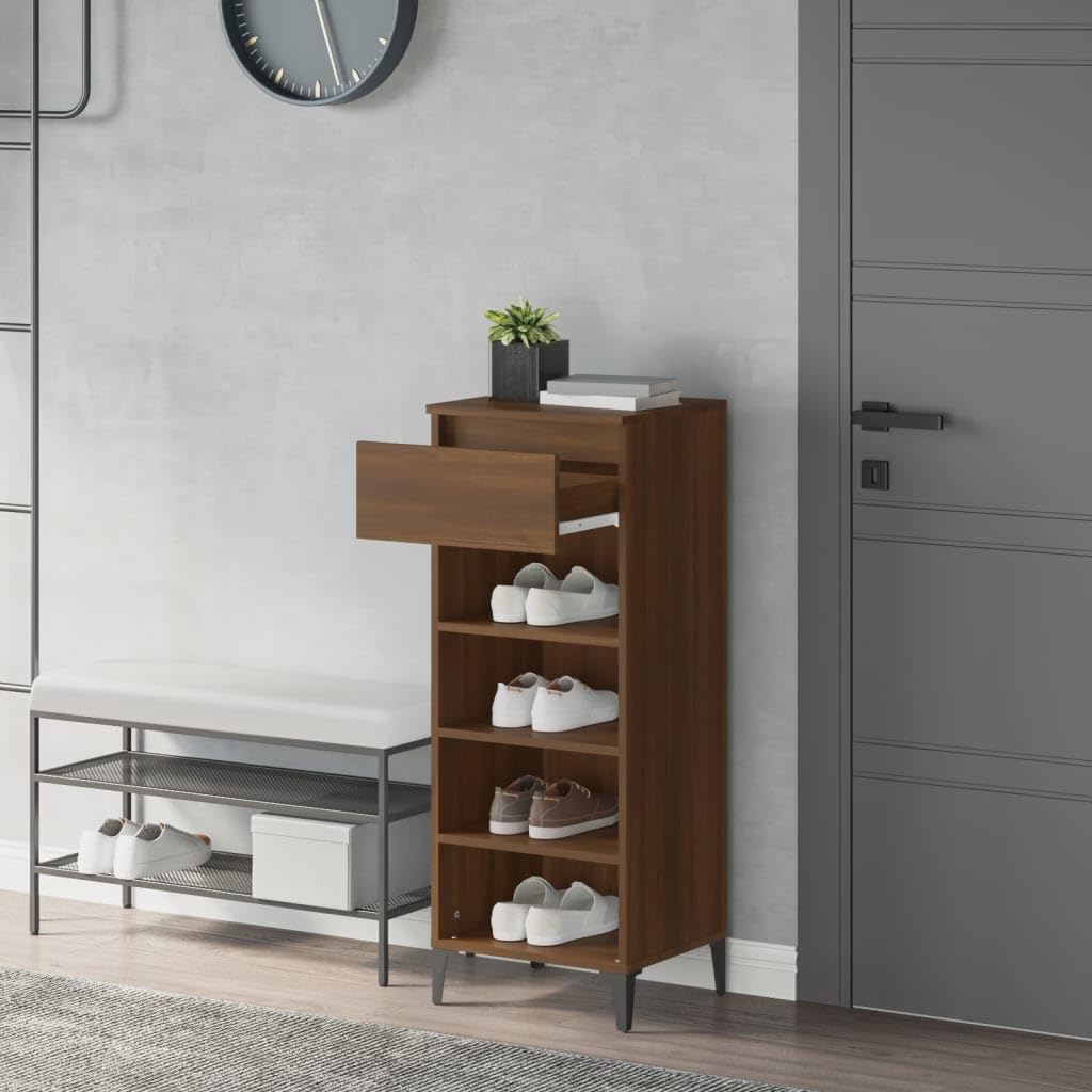 Regał na buty, brązowy, wygląd dębu, materiał drewnopochodny z metalowymi nóżkami, 40 x 36 x 105 cm, szafka na buty z szufladą i 3 półkami, do korytarza, przedpokoju, sypialni, porządek i