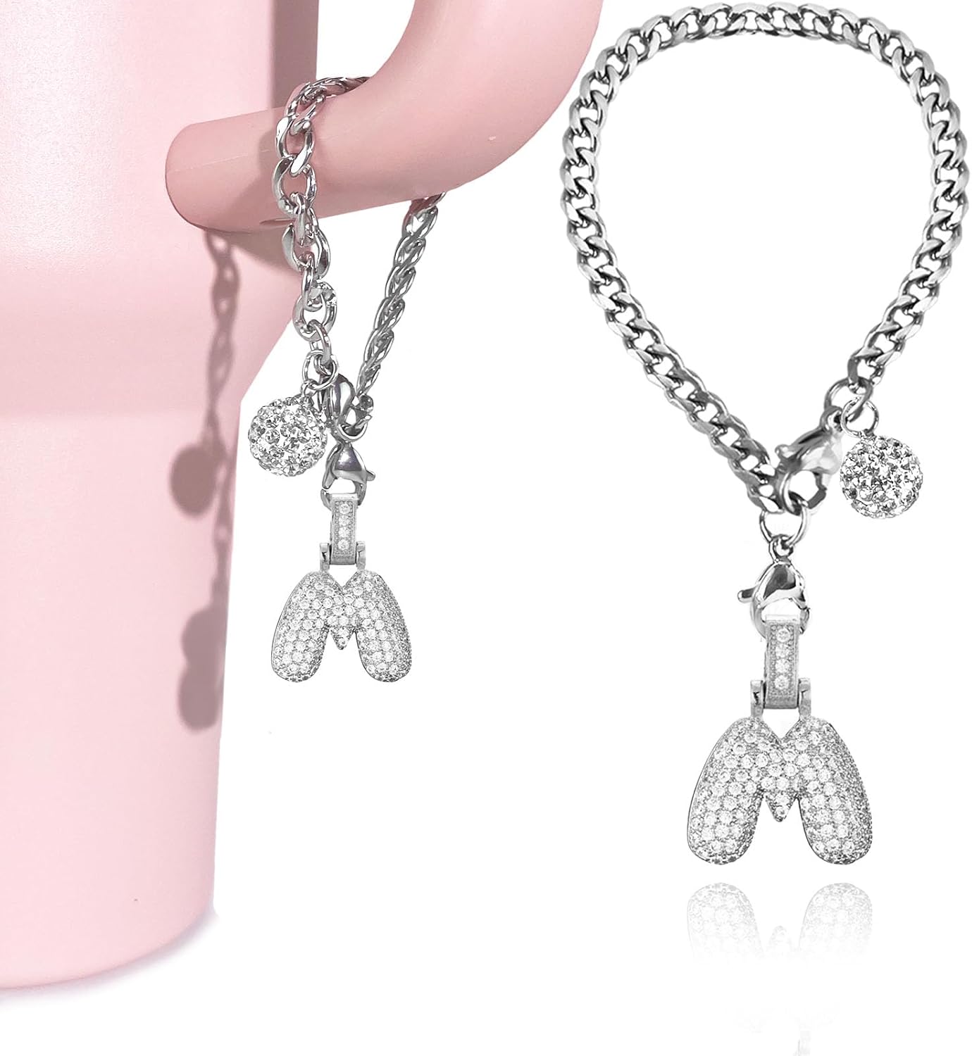 Silver Initial Charm for Stanley Cup- Bubble Letter Charms Accessories for Stanley handle 40 Oz Tumblers Cute Keychain with Diamond Glitter Jewelry Personalized Water Bottle Decorations M