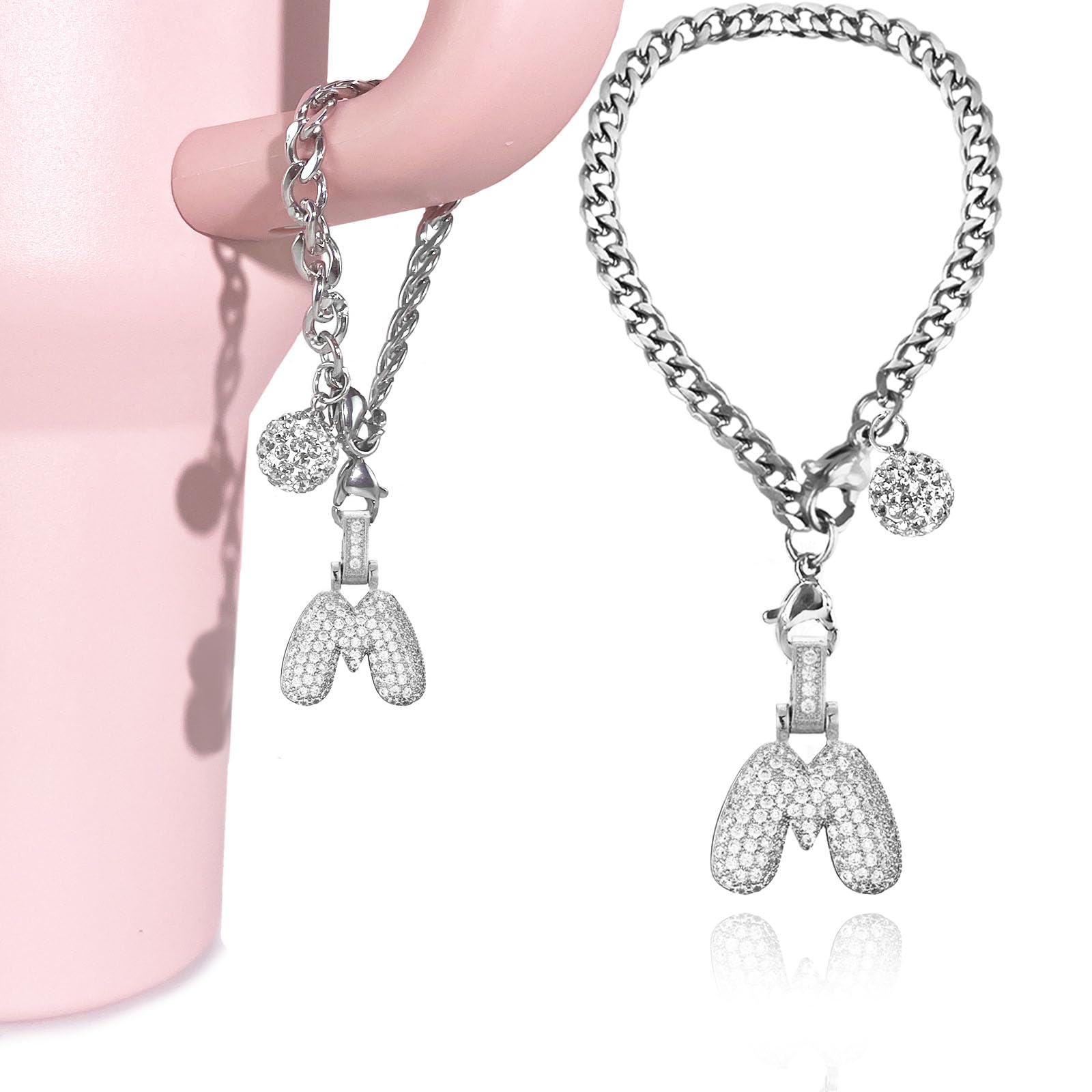 LUHOHI Silver Initial Charm for Stanley Cup- Bubble Letter Charms Accessories for Stanley handle 40 Oz Tumblers Cute Keychain with Diamond Glitter