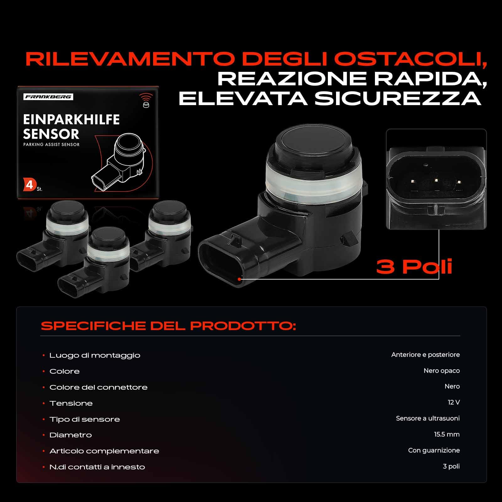Frankberg 4 sensori di parcheggio anteriori e posteriori A0009055604 | Compatibile con: GLE W166, GLC X253, Classe M W166, CLA Shooting Brake X118, GLS X166, Classe C W205