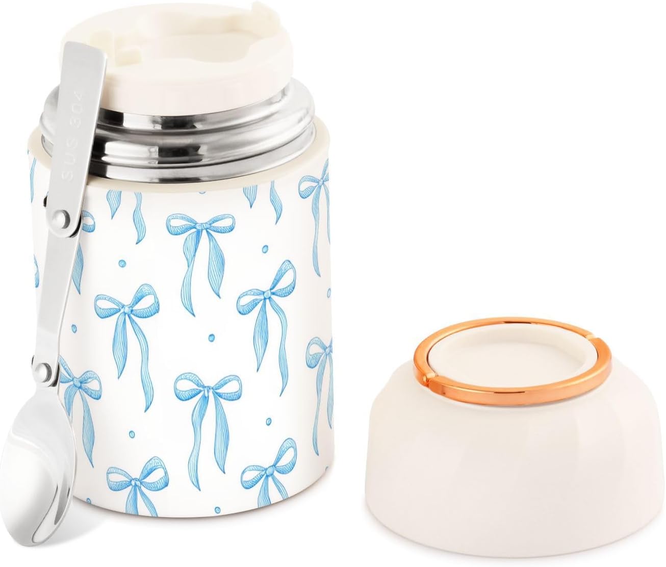 Blue Ribbon Bow Vacuum Insulated Food Jar, 17oz Stainless Steel Lunch Container with Foldable Spoon, Hot & Cold Thermo Soup Jar