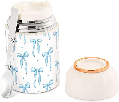 Blue Ribbon Bow Vacuum Insulated Food Jar, 17oz Stainless Steel Lunch Container with Foldable Spoon, Hot & Cold Thermo Soup Jar