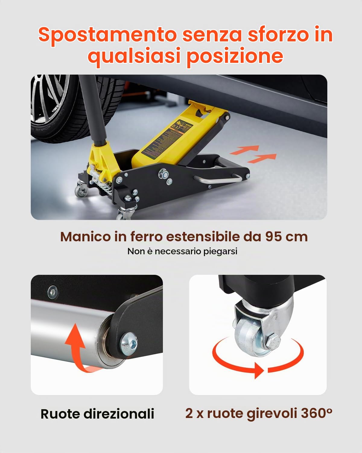 VEVOR Martinetto Idraulico con Ruote in Acciaio Capacità di Sollevamento Max. 1,5 Tonnellate per Riparazione Auto Barca Veicolo, Sollevatore con Ruote Altezza Regolabile tra 80-365mm da Auto Camion