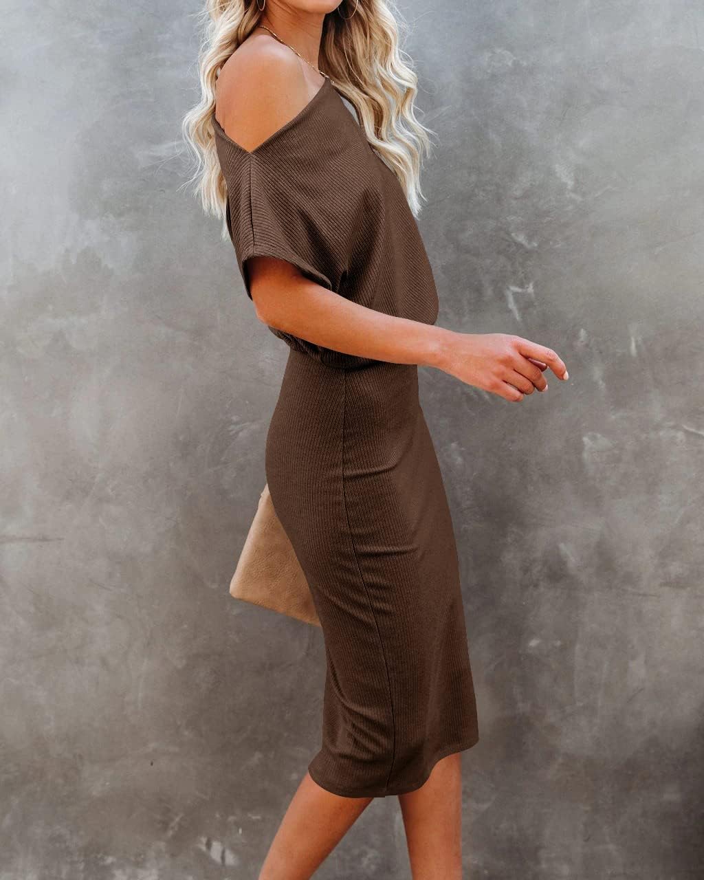 EZBELLE Women's Summer Dress Off The Shoulder Short Sleeve Ribbed Casual Party Bodycon Midi Dresses - Image 3