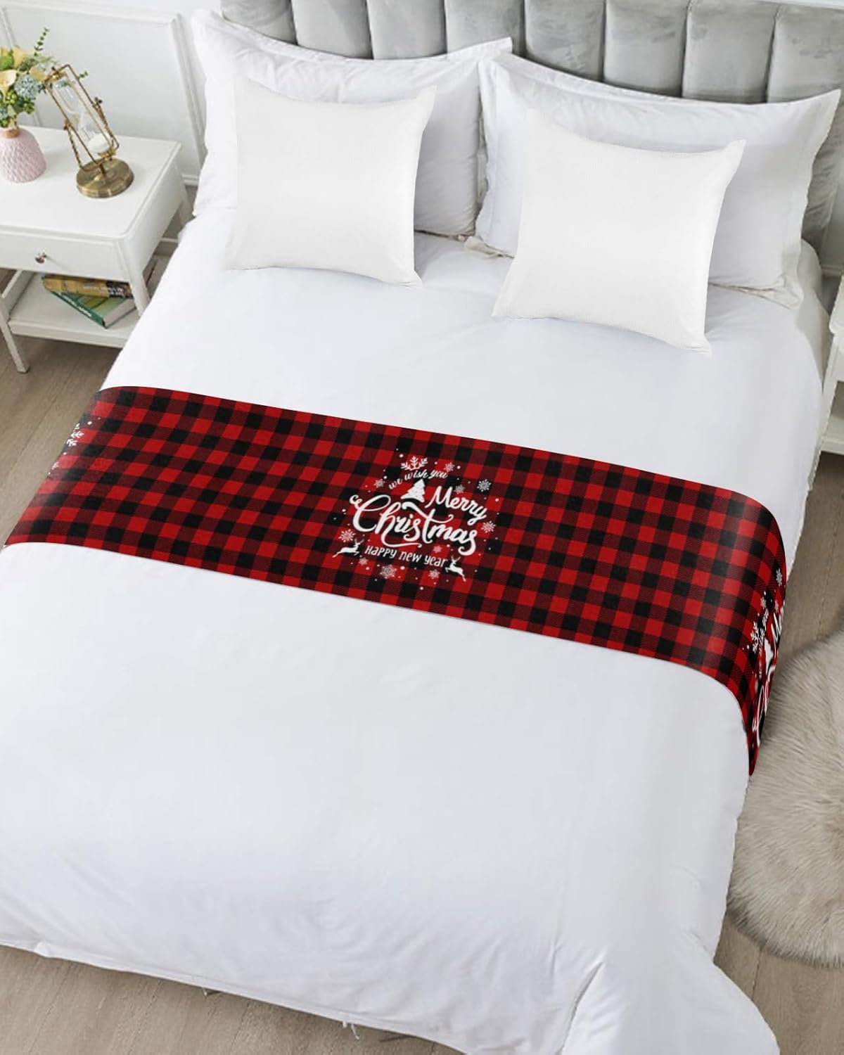 Bed Runner Scarf, Merry Christmas Snowflake Xmas Elk Red Black Buffalo Plaid King Bed Bedding Scarves Cover Decorative Bed Scarf for Home Hotel Guesthouse Bedroom Wedding Room Guestrooms 83"x20"