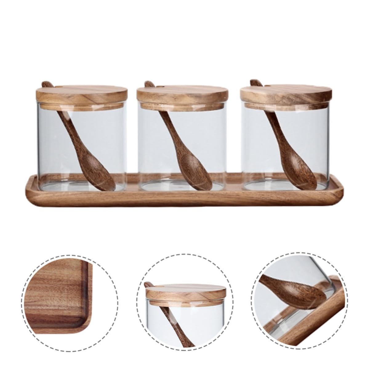 Gewürzbehälter 3 Stück aus Glas mit Holzdeckel Löffel und Praktischem Tablett zur Aufbewahrung von Gewürzen in Küche und Beim Kochen