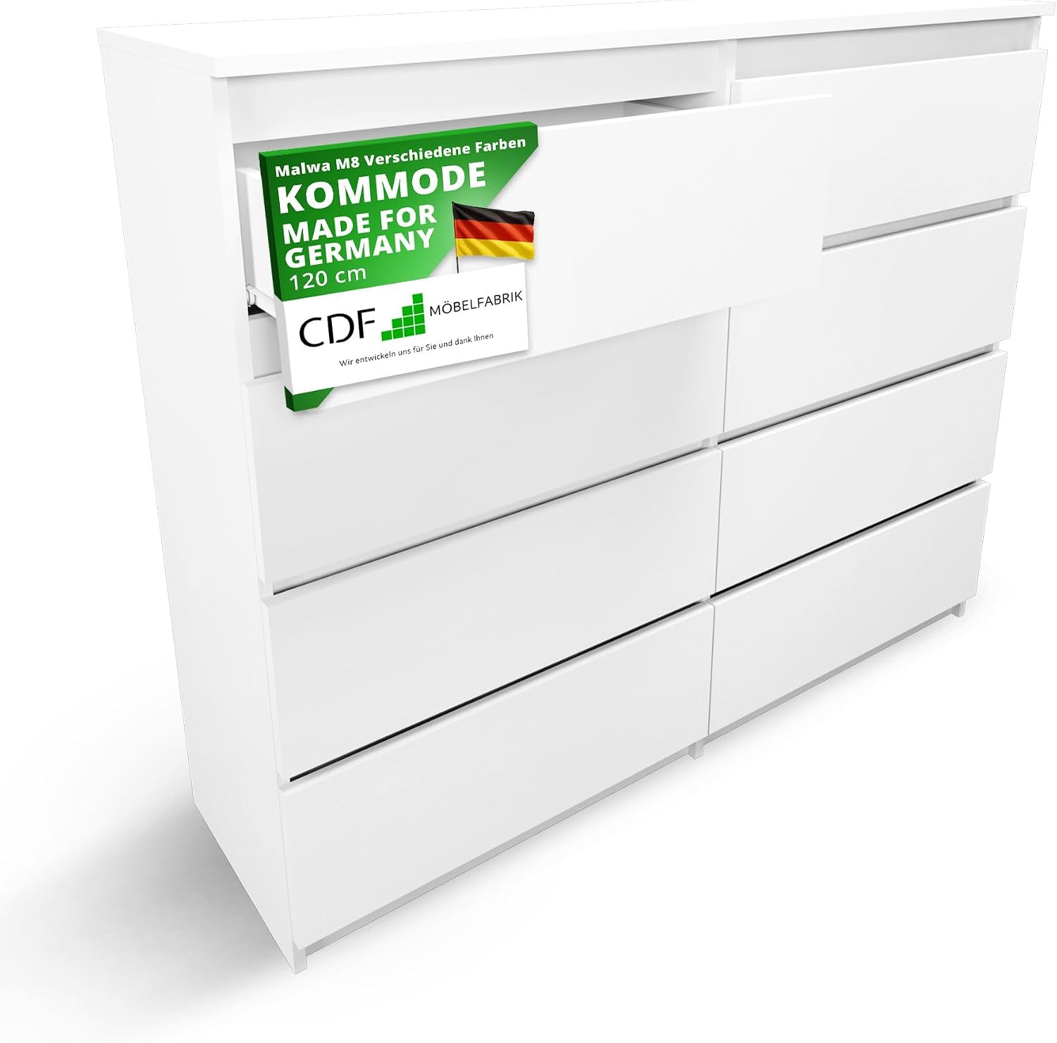 CDF White Chest of Drawers with 8 Drawers 40 cm Deep Living Room Bedroom Malm Chest of Drawers Lots of Storage Space Suitable as Clothing Organiser Width 120 cm Modern