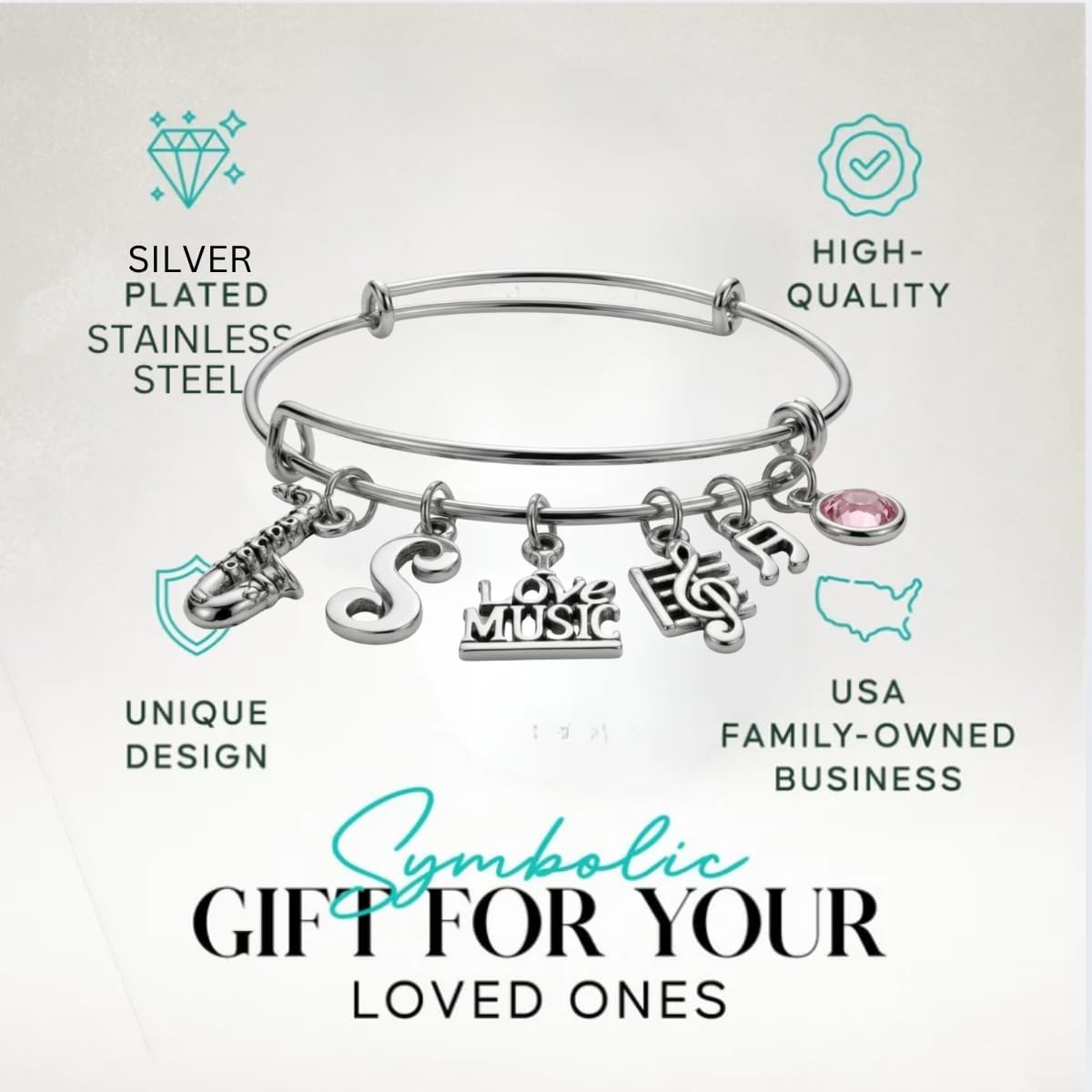 Infinity Collection Personalized Saxophone Charm Bracelet with Initial and Birthstone, Expandable Bangle, Love Music Jewelry Gift for Women Girls Band Students Musicians