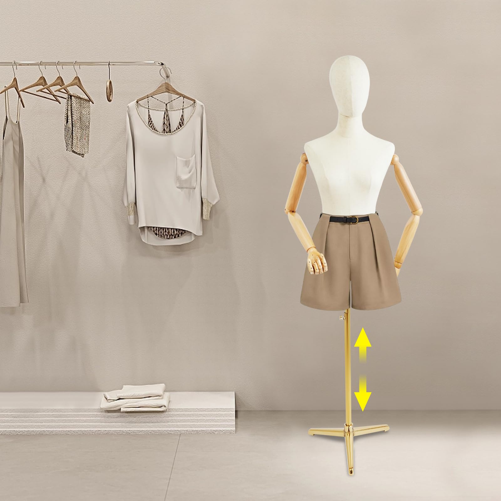 Schaufensterpuppe Weiblich Schneiderpuppe, Mannequin Torso mit drehbarem Kopf, Holzarmen mit beweglichen Fingern, Leinenbezug, höhenverstellbar 65–120 cm für Boutique und Schaufenster