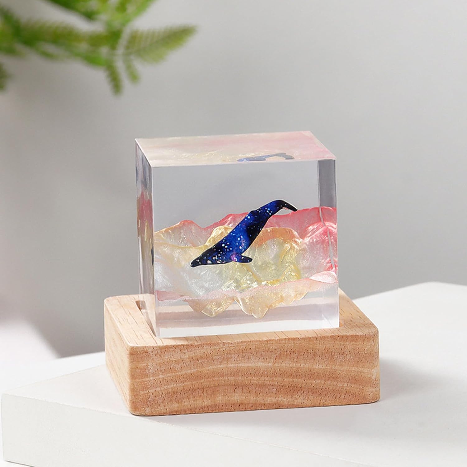 Drawelry Epoxy Resin Multicolor Light Lamp, Handmade Ocean Creative Resin Night Light Decor Wood Base, Whale Ocean Shark Surfer Lamp Desktop Decor Christmas Birthday Gift (Whale-Yellow)