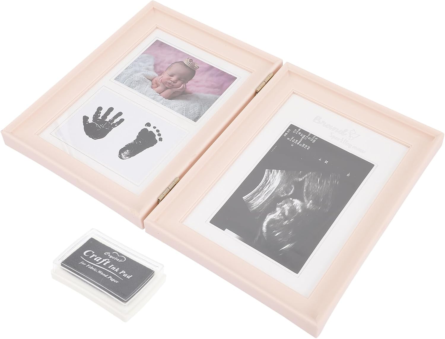 BESTonZON PVC Picture Frame Pink Multifunctional Keepsake for Birth Photo and Bracelet Display Memory Holder for Nursery Decoration