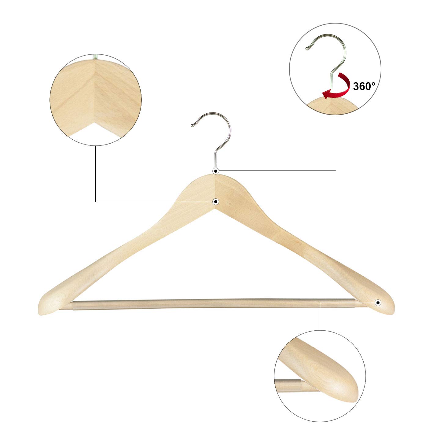 MAWA 10 Stück Formbügel mit Schulterverbreiterung Capitano RFS, Hemden, Blusen, Jacketts, Umweltfreundlich, FSC® Zertifiziert, Buche, 360° Drehbar, 45 cm, Natur