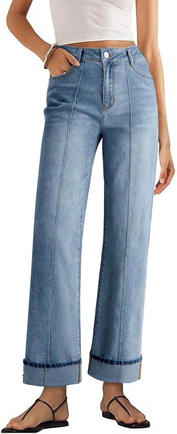 Sidefeel Women’s Wide Leg Cuffed Jeans High Waisted Baggy Stretchy Denim Pants with Pockets