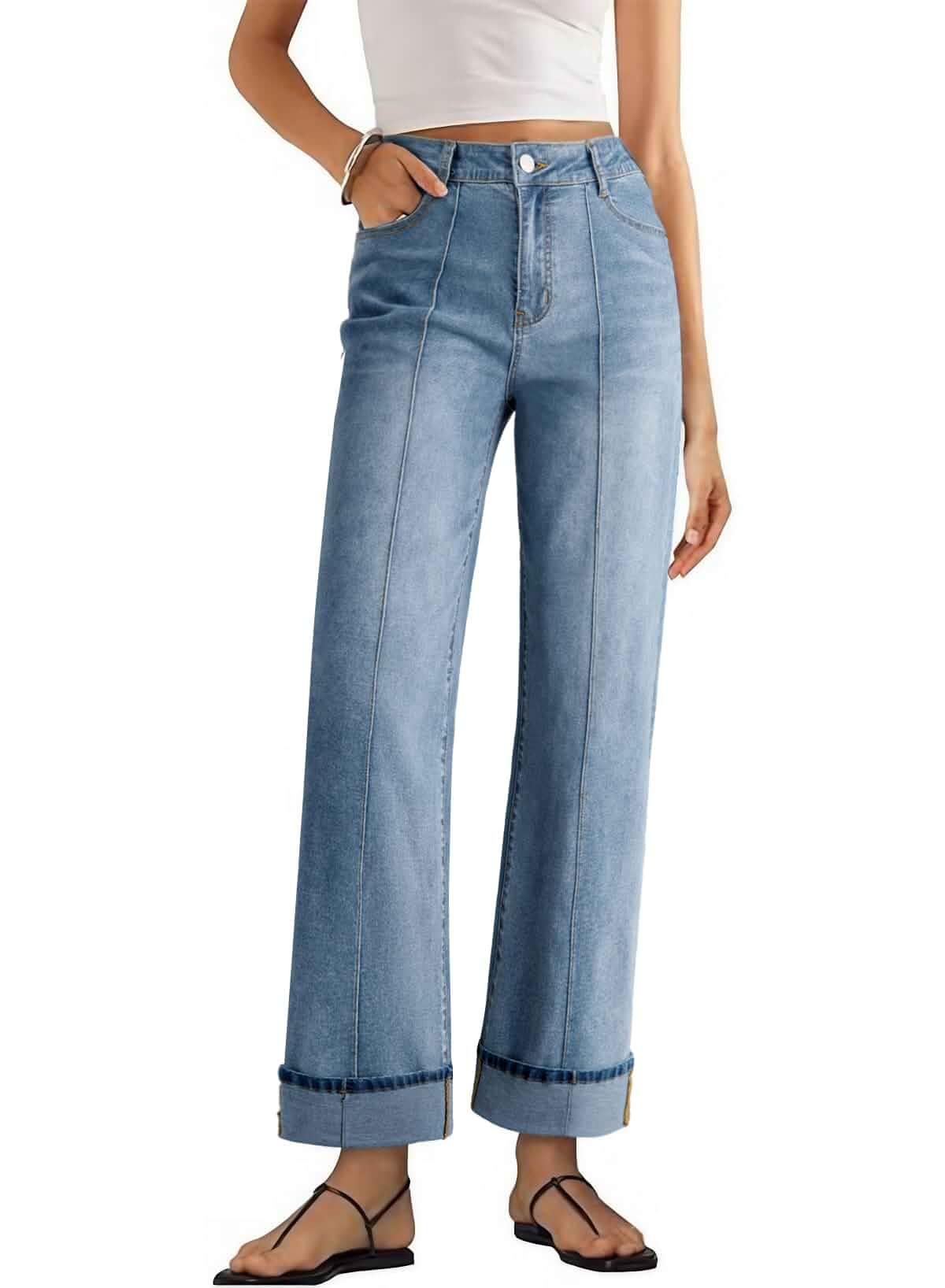 Sidefeel Women's Wide Leg Cuffed Jeans High Waisted Baggy Stretchy Denim Pants with Pockets Standard