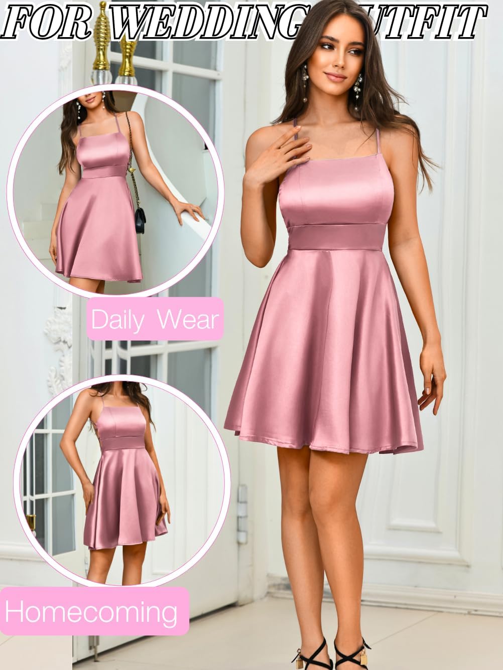 Kaei&Shi Short Satin Dress,Lace Up Backless Skater Dresses for Women,Sexy Birthday Outfits Homecoming Party Going Out Nye