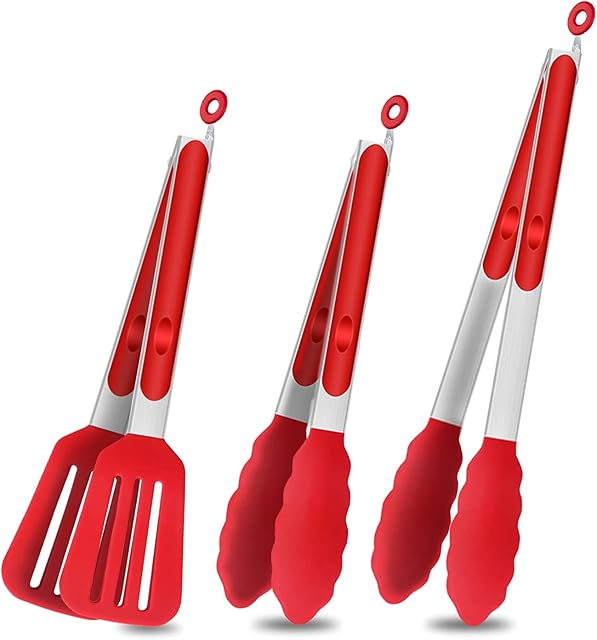VINILITE Silicone Kitchen Tongs Set of 3, Non-Stick Smart Locking Cooking Tongs with Stainless Steel Handles, Easy Grip Food Serving Tongs for Frying Grilling BBQ Buffet Salad Ice, 9 & 12, Red