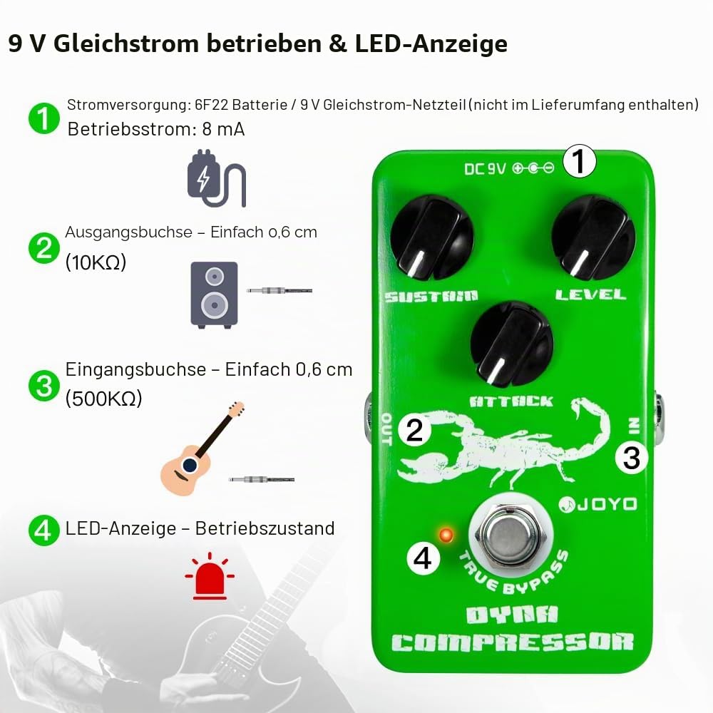 JOYO Dynamic Compressor Pedal Low Noise Nachbau des Klassischen Ross Kompressors für Gitarre und Bass (JF-10)