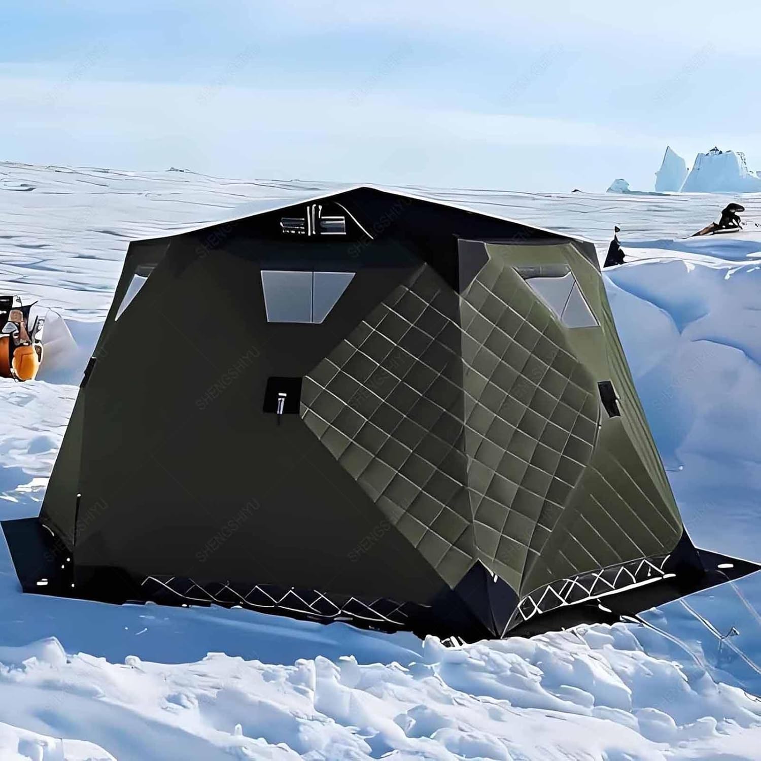 Ice Fishing Shelter with Stove Jack and Cushion,Insulated Hexagon Pop-Up Tent for 3–5 People,Windproof and Warm,Ice Shanty Insulated,Automatic Deployment,Compact When Folded