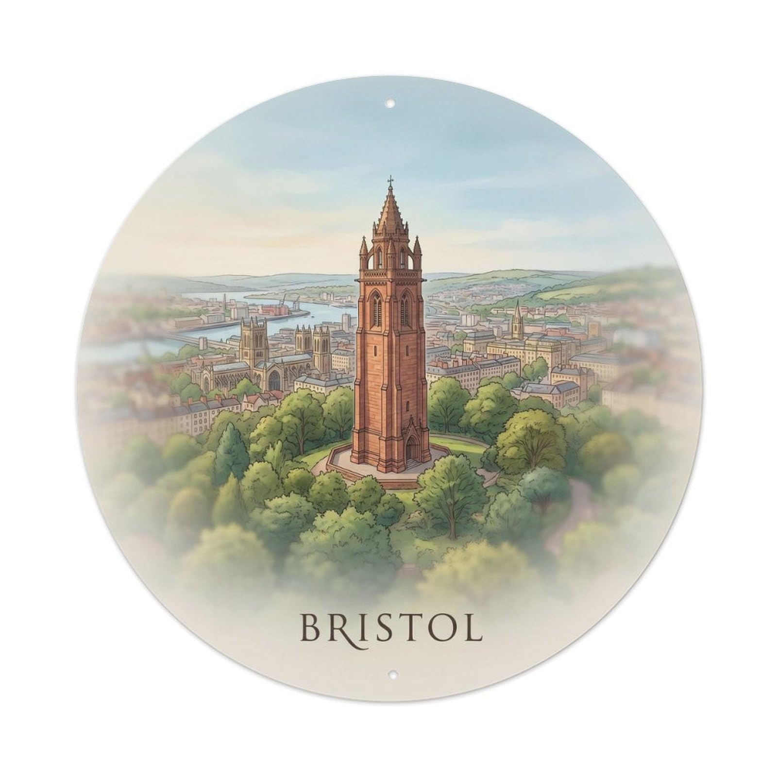 Bristol Cabot Tower Panoramic Vintage Travel Landmark Metal Tin Sign Plaque Wall Decor for Cafe, Man Cave, Club Bar, Office, Home Garden Round Metal Poster 8x8Inch