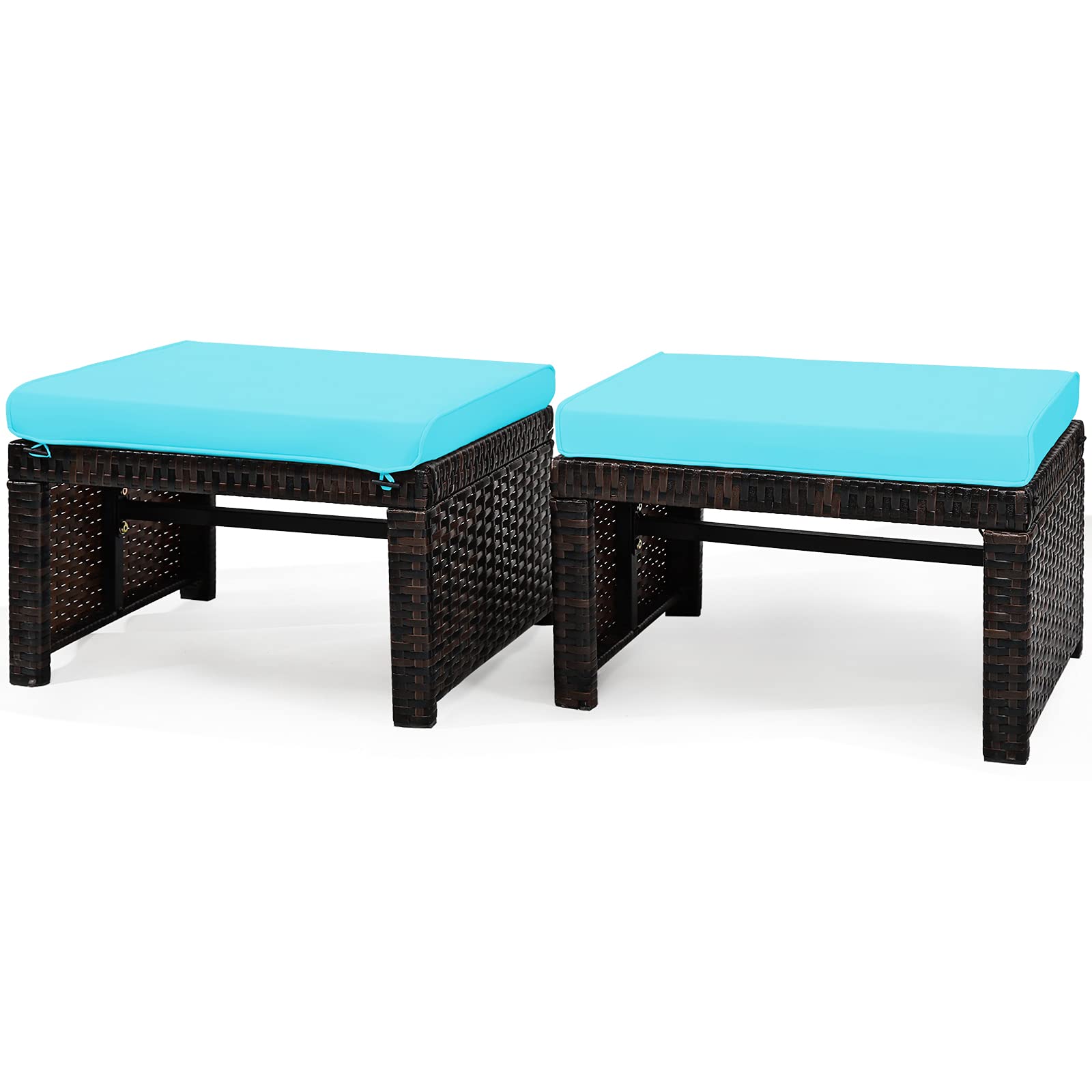 GIANTEX 2 Taburetes Reposapiés de Ratán de Jardín, Cojín Impermeable Extraíble, Taburetes, Mesas, Multiusos, 49 x 40 x 28 cm, Azul