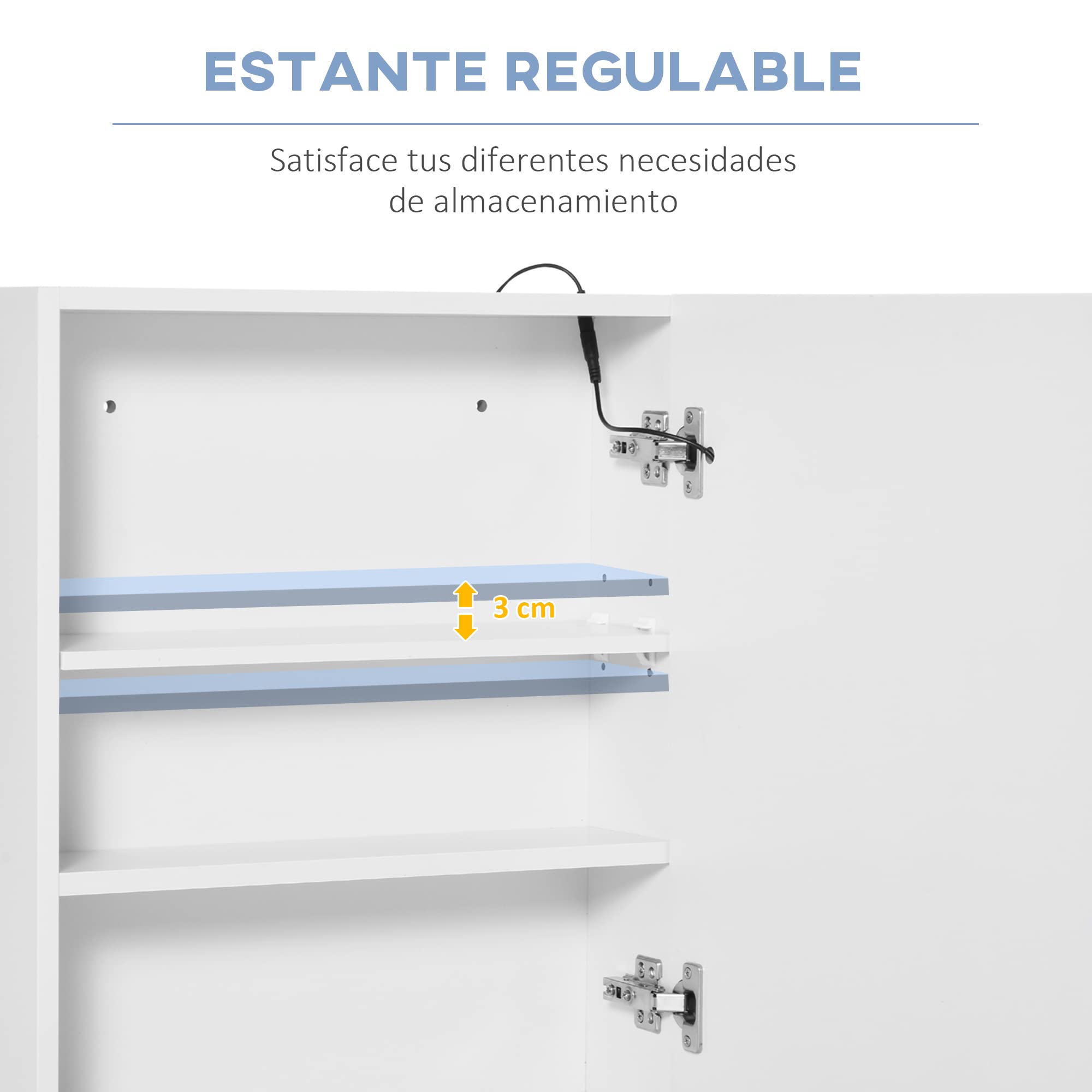 HOMCOM Armario de Baño con Espejo y Luz LED Mueble Espejo de Pared con 2 Estantes de Almacenamiento e Interruptor Táctil para Dormitorio Aseo 50x15x60 cm Blanco
