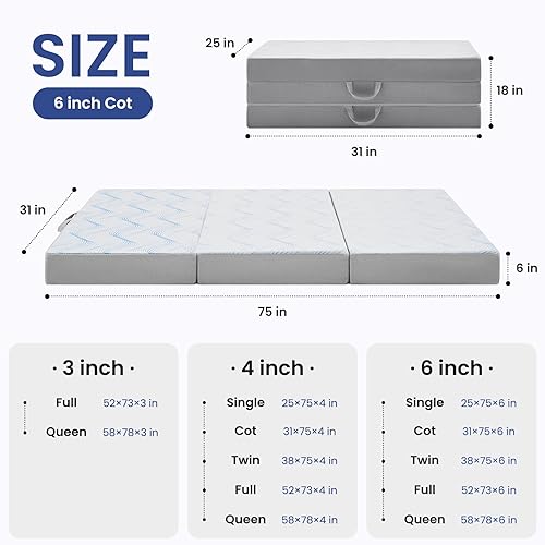 Miniatura 2 de Colchón plegable de 6 pulgadas, colchón plegable de espuma viscoelástica blanca portátil con funda lavable para camping, viajes, habitación de