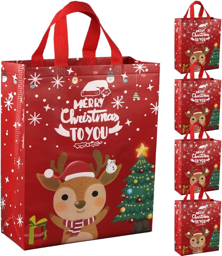 DOJoykey Christmas Bags, 5pcs Red Christmas Tote Bags with Handle Non
