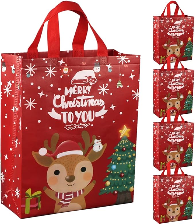 Christmas Tote Bags, 5pcs Weihnachtstragetaschen, blaue Geschenktüten aus Vliesstoff große Größe mit Griff für Weihnachtsgeschenke die Einkaufsparty Dekoration liefern