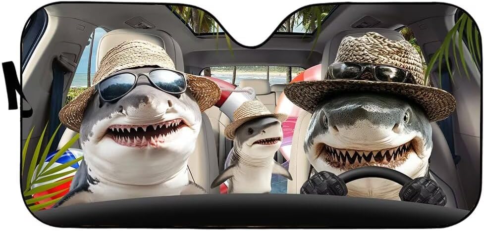 Shark Family Goes Swimming Car Windshield Sun Shade Animal Front Window Sunshield Shark Driving Sun Visor Universal Fit Auto Sunshade, Keep Vehicle Cool, UV Rays for Truck,SUV,Car