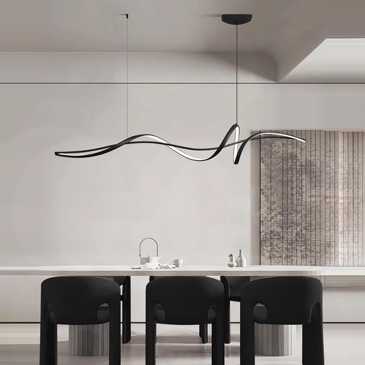 Aleaty LED Dining Table Pendant Lamp Modern Creative Pendant Lamp Dimmable Waveform Design Chandelier with Remote Control Height Adjustable Interior Lighting for Kitchen (Black, L140cm)