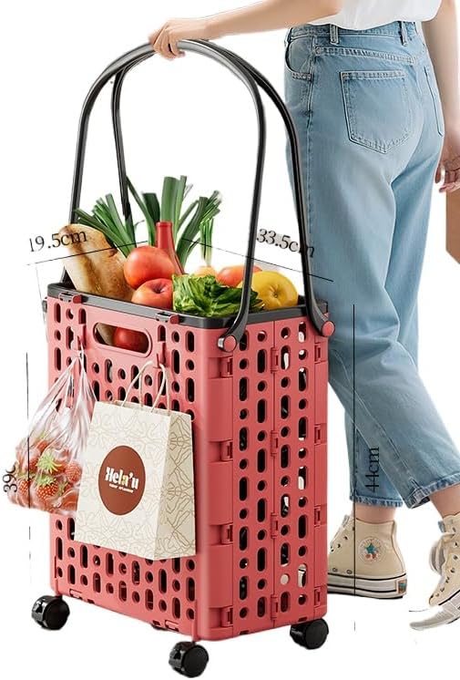 Multifunctional folding shopping basket with wheels, portable shopping cart, practical trolley, shelf basket (PINK,L)